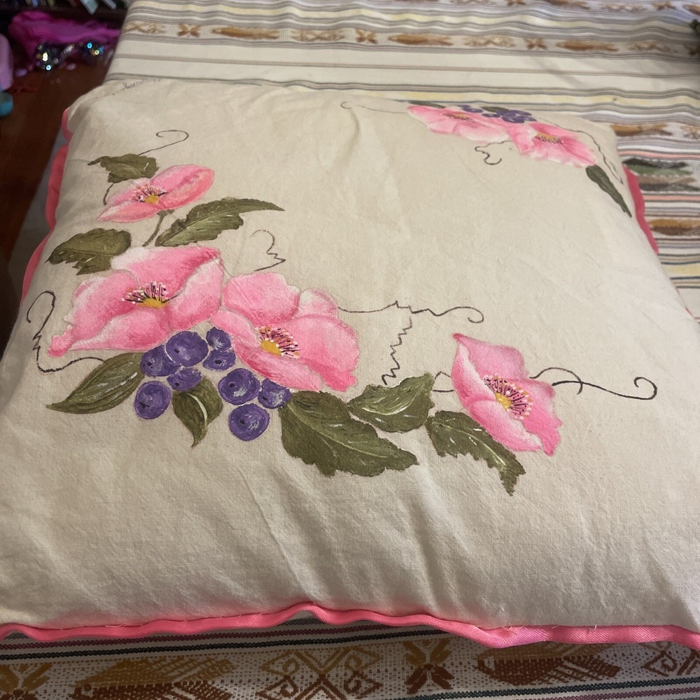 Hand‎ Painted Pink Floral Pillow Case (pink Satin Trim) W/ Pillow From Argentina